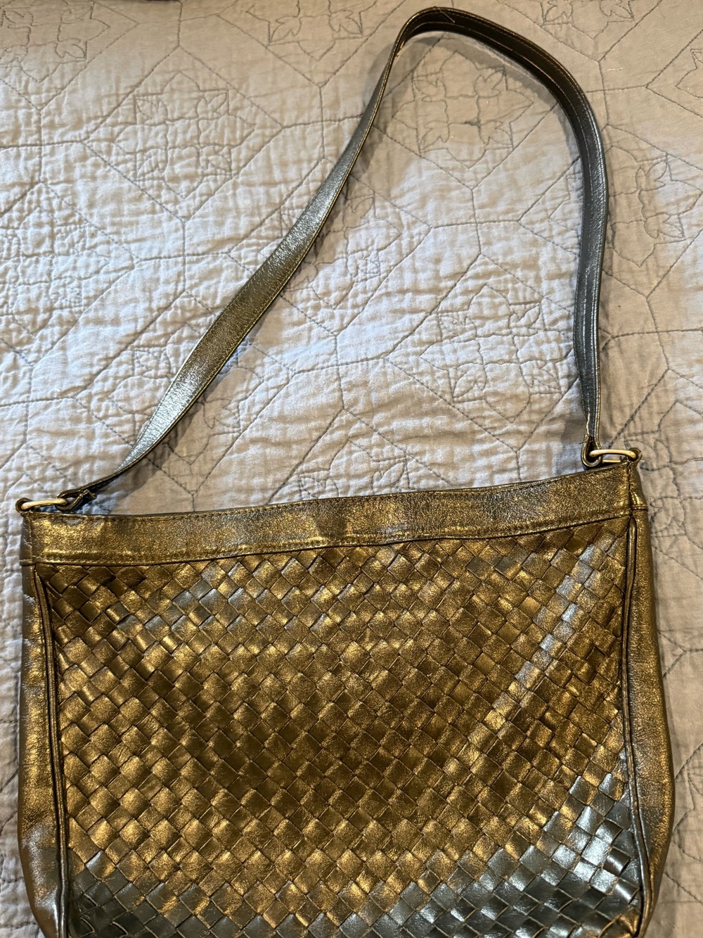 Woven Black Leather Shoulder Bag in Gold